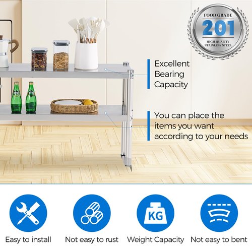 KUARBARR Stainless Steel Shelf 2 Tier Stainless Overshelf for Kitchen Prep Work Table 12 x 48 Inches Adjustable Commercial Steel Table OverShelf for Kitchen, Restaurant, Bar, Utility Room, Garage