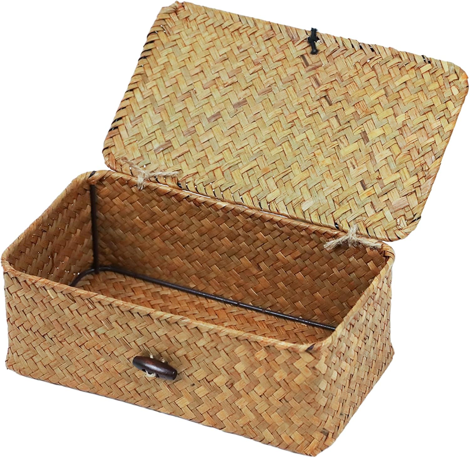 Wicker Storage Basket - Natural Seagrass Organizer with Lid | Rectangular Decorative Bin for Home