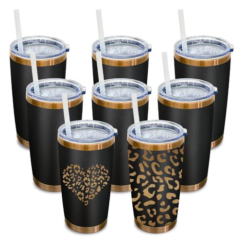 20 oz Tumbler Bulk 8 Pack Stainless Steel Tumbler with Lid and Straw, Double Wall Vacuum Insulated Travel Coffee Mug for Laser Engrave, Powder Coated Cup for Hot and Cold Drinks (Black,8 pack)