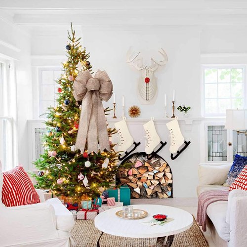 Burlap Bow | Rustic Jute Holiday Wreath Bow for Christmas Tree Topper & Wedding Decor - 9.8x21.6 in