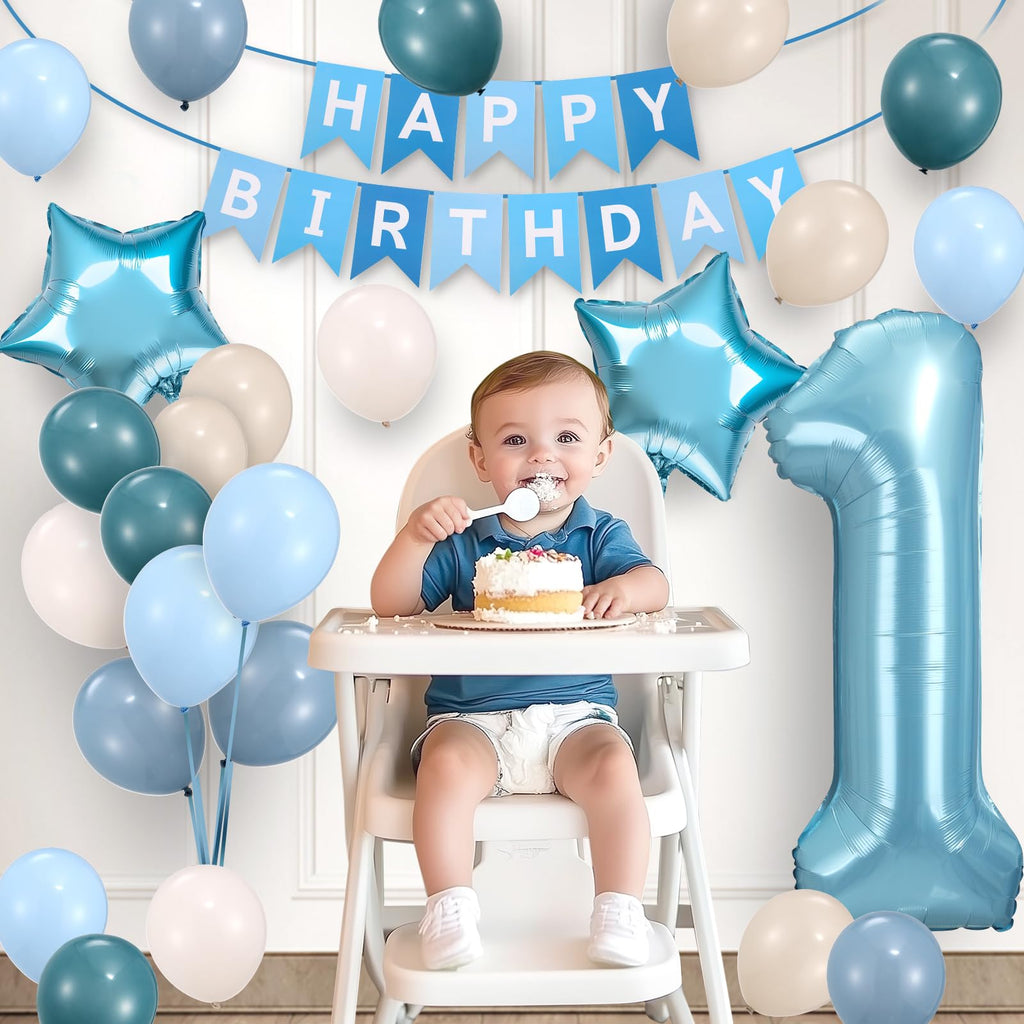 HEDUPT 1st Birthday Decorations Boy, First Birthday Decorations for Boy with Happy Birthday Banner, 40inch 1 Balloon Number, Dusty Blue Balloons, Baby One Year Old Birthday Party Decor