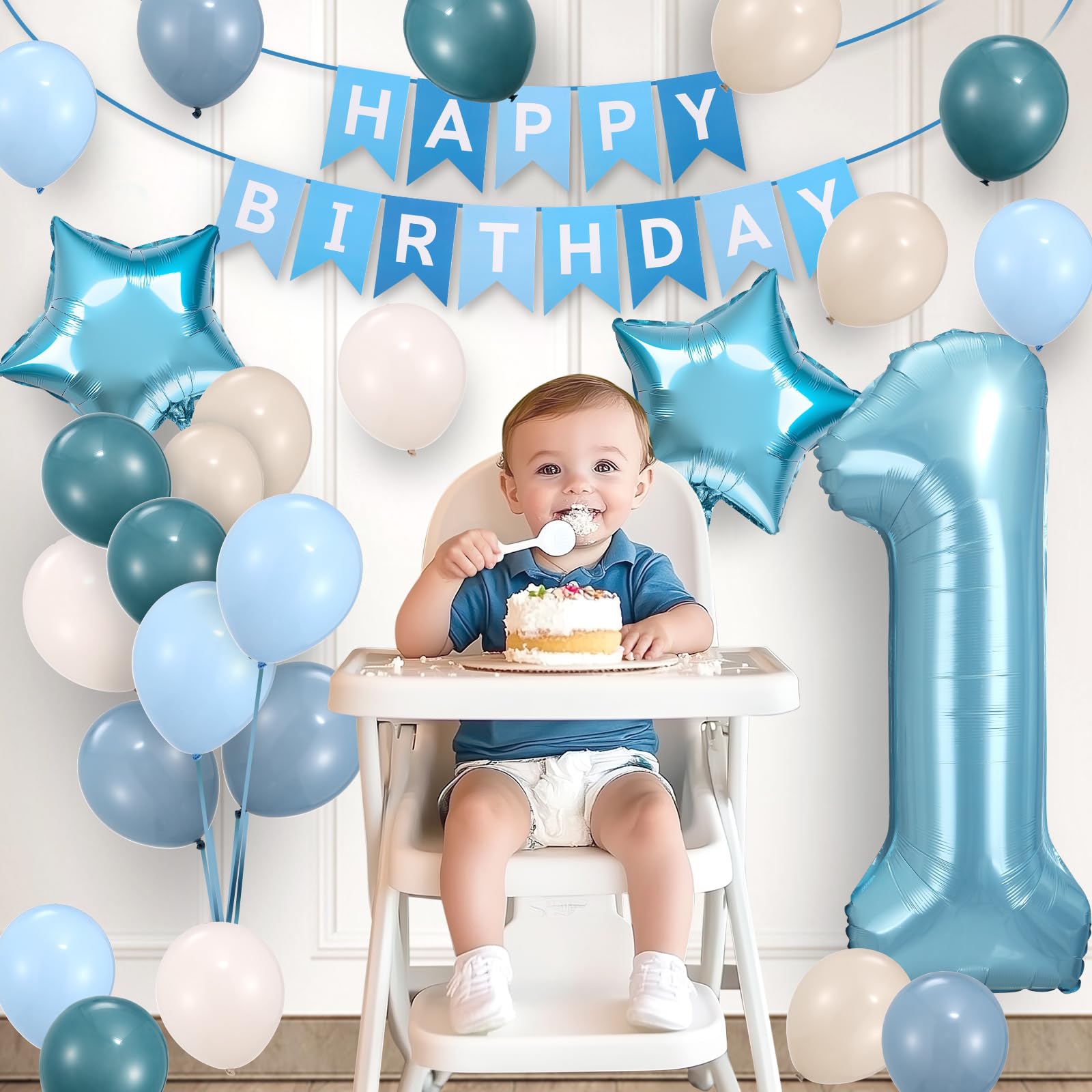 HEDUPT 1st Birthday Decorations Boy, First Birthday Decorations for Boy with Happy Birthday Banner, 40inch 1 Balloon Number, Dusty Blue Balloons, Baby One Year Old Birthday Party Decor