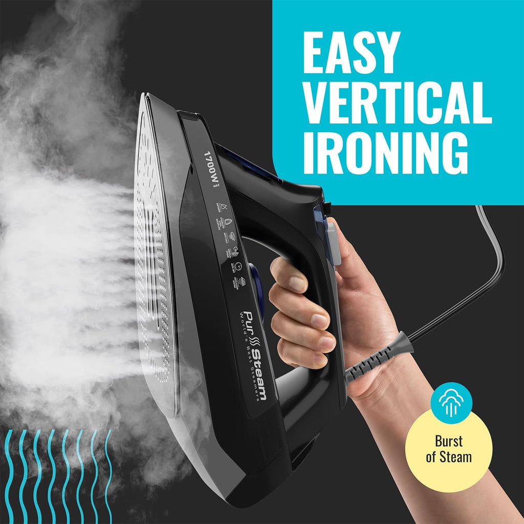 Pursteam Steam Iron - 1700W Self-Cleaning Nonstick Stainless Steel Soleplate | Auto Shutoff & Anti-Drip