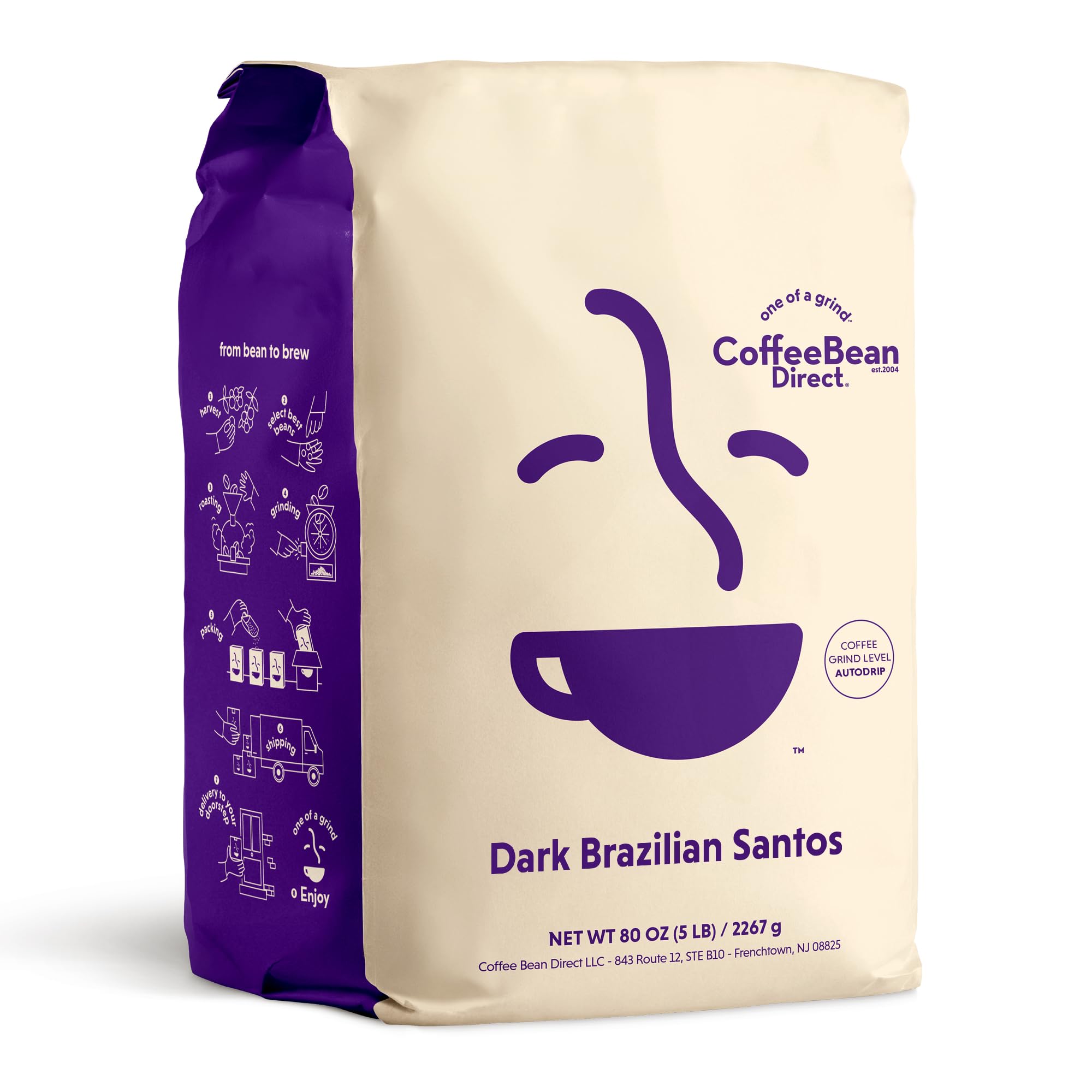 Coffee Bean Direct Dark Brazilian Santos, Ground Coffee, Arabica Coffee, Dark Roast, 5 Pound Bag (Pack of 1)
