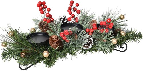 Lvydec Christmas Candle Holder - Festive Pine Cones & Red Berries Centerpiece with 3 Holders