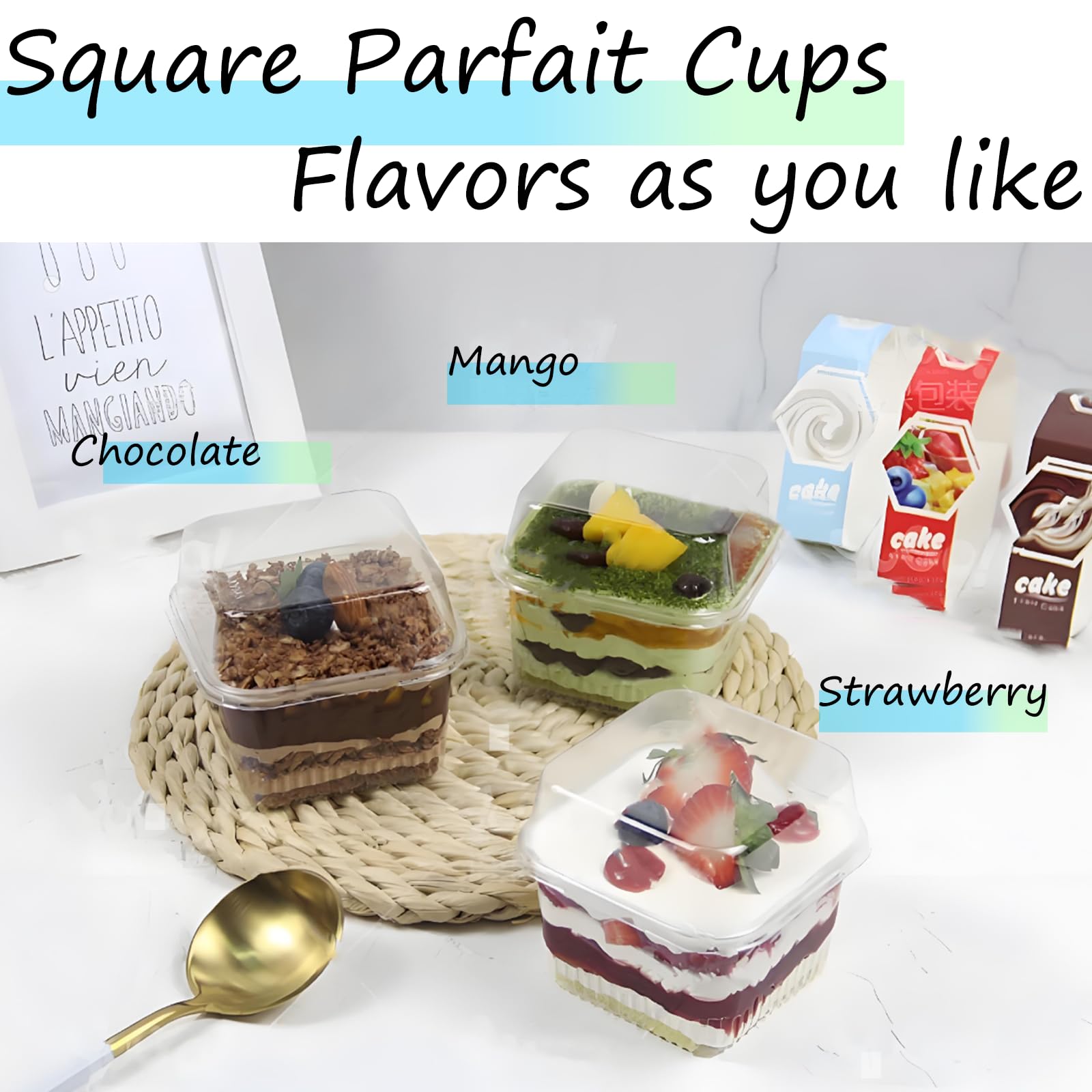 100 Pack 8OZ Plastic 50Pcs Square Dessert Cups with Lids and 50Pcs Spoons,Square Ice Cream Container with Forks, Disposable Parfait Cups for Mousse Cupcake Pudding Snacks Yogurt Parfait Fruits（50Sets）