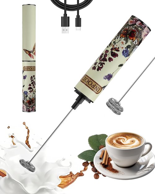 INFOOD Rechargeable Milk Frother - Handheld Coffee Mixer with 2 Detachable Whisks & Adjustable Speeds | Vintage Floral Design