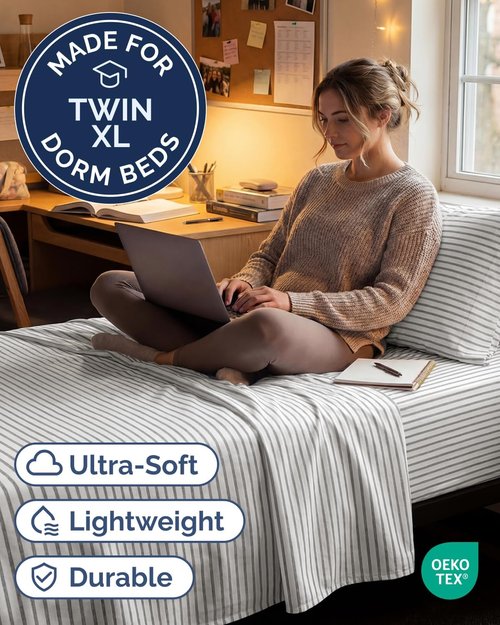 Comfy Twin XL Sheet Set by [Brand Name] - 3 Piece Cooling Bedding - Deep Pockets & Wrinkle-Free - Grey Stripes