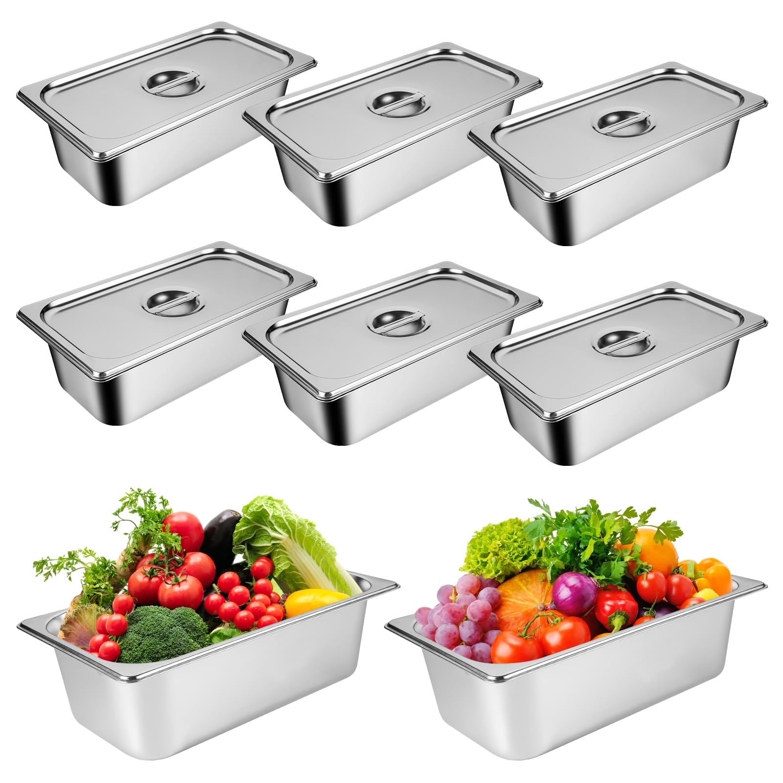 8 Packs Stainless Steel Hotel Pans with Lids 1/4 Size x 6" Deep Steam Table Pan Commercial Food Storage Containers Stackable Metal Steamer Pan Anti-Jam Hotel Restaurant Warm Pans