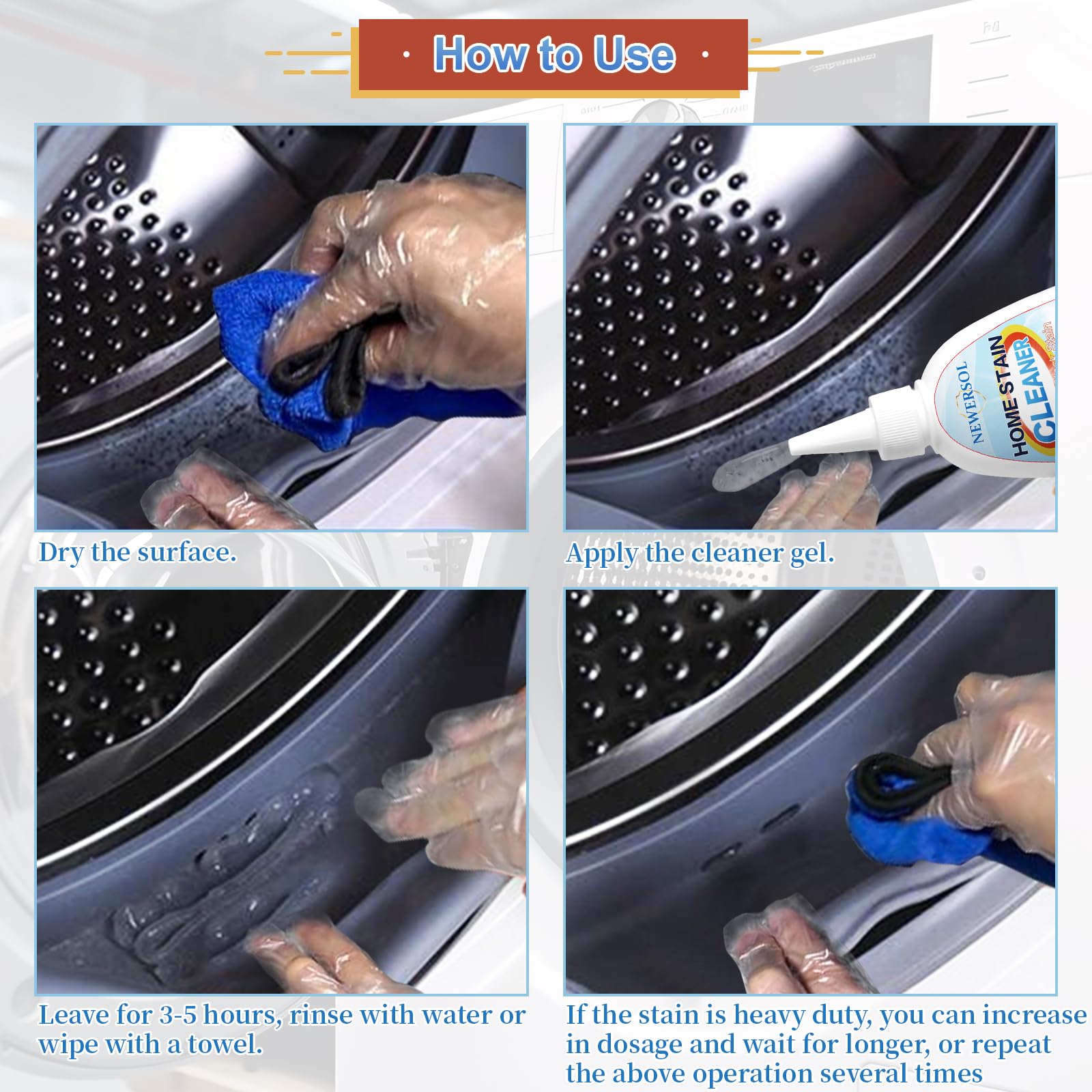 NEWERSOL Black Stain Remover Gel Washing Machine Cleaner Front Loader Grout Cleaner Home Stain Removal Gel for Washer Kitchen Sink Showers Bathroom and Floor Tile 8Fl Oz