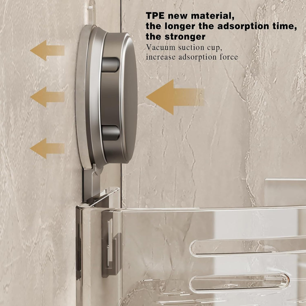 VOLPONE Corner Shower Caddy - No-Drill Suction Cup Organizer with Towel Bar Hooks | 2-Pack, Matte Gray
