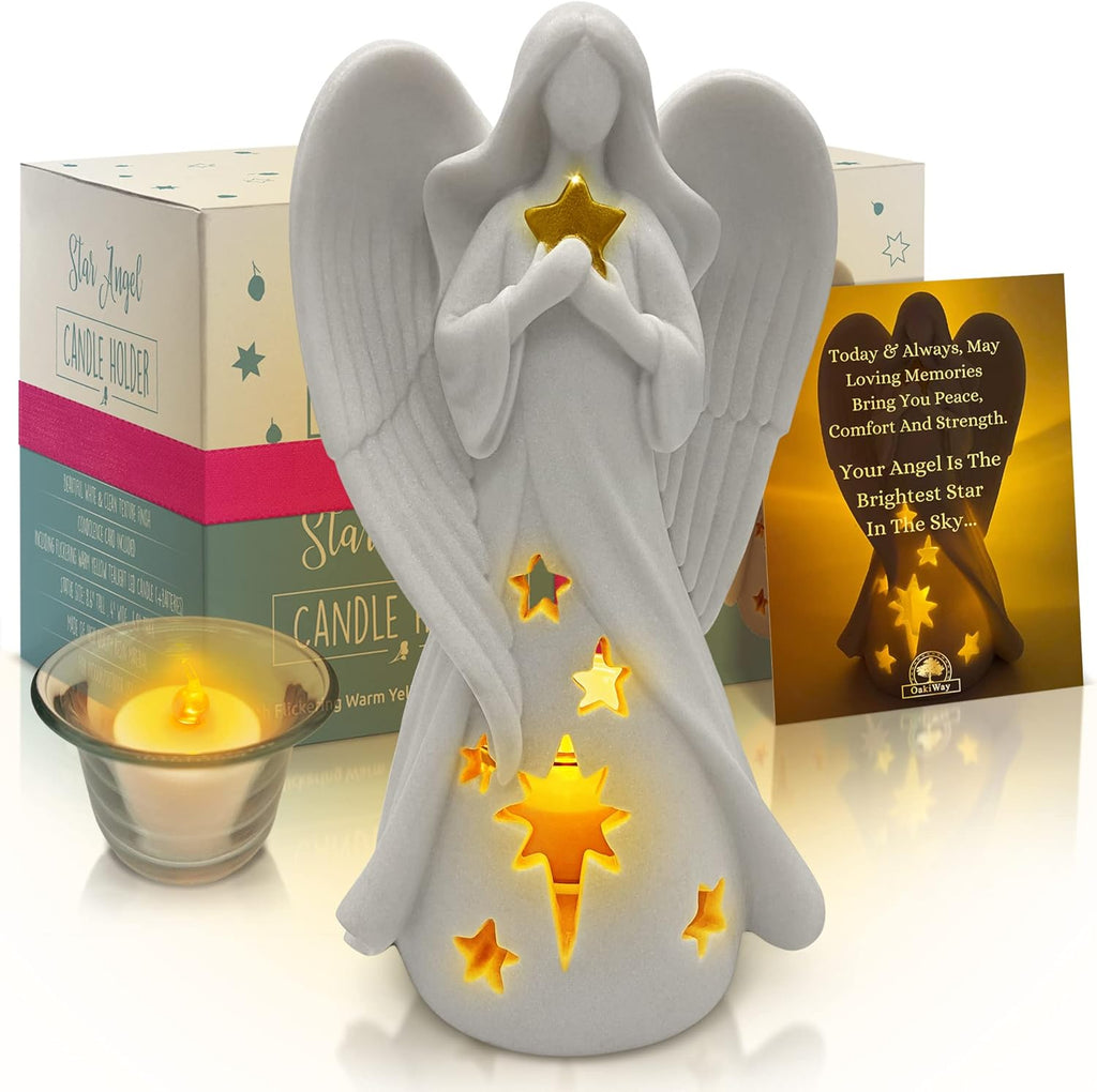 OakiWay Star Angel Tealight Candle Holder - Flickering LED Candle for Memorial & Remembrance Decor