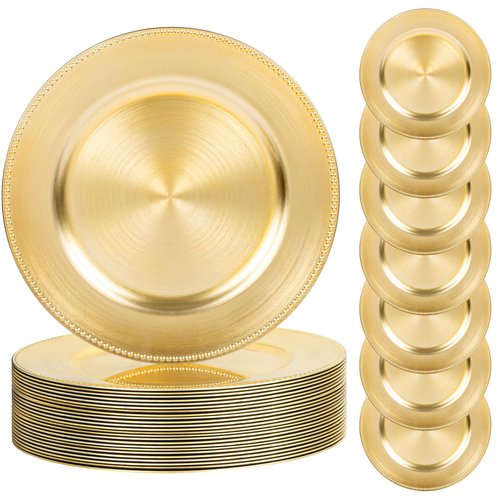 LIYH 24 Pcs Plastic Round Charger Plates 13'' Gold Charger Plates Chargers for Dinner Plate Great for Table Setting Wedding Party Decoration