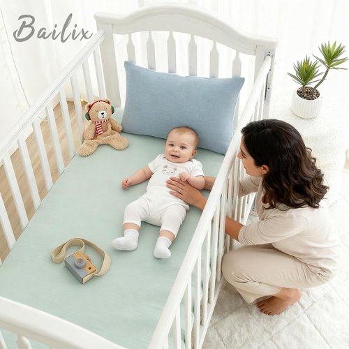 Bailix Heavyweight Muslin Baby Crib Sheets - 2-Pack 52"x28" Organic Cotton Fitted Sheets | Soft & Breathable (Blue, Light Green)