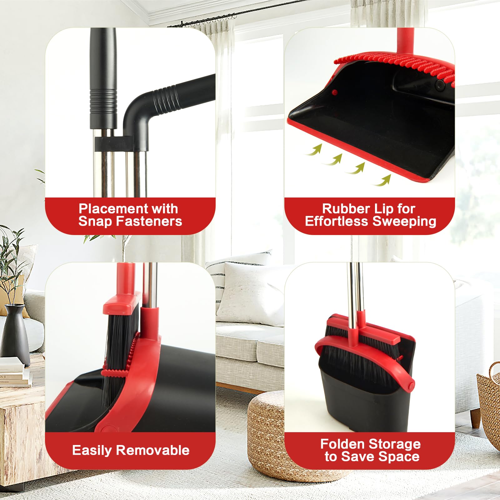 XXFLOWER Broom and Dustpan Set for Home, Broom with Dustpan Cleaning Teeth Combo Set, Indoor Sweep Broom with Long Handle for Office Home Kitchen Lobby Floor (Black Red)