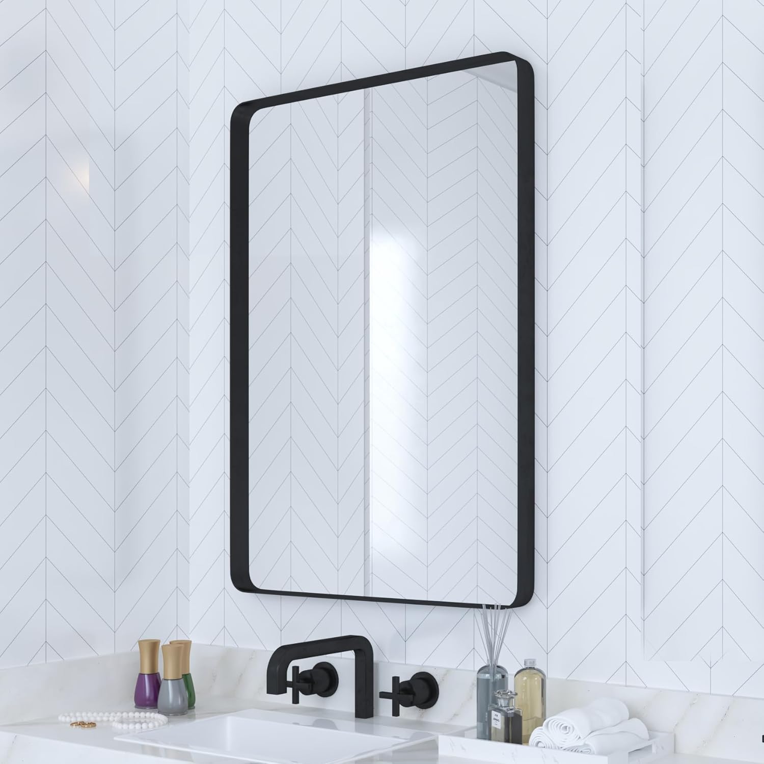 VocalStar Bathroom Mirror - 18 x 26 Inch Rounded Rectangle Metal Frame | Shatterproof Glass, Ultra-Flush Design