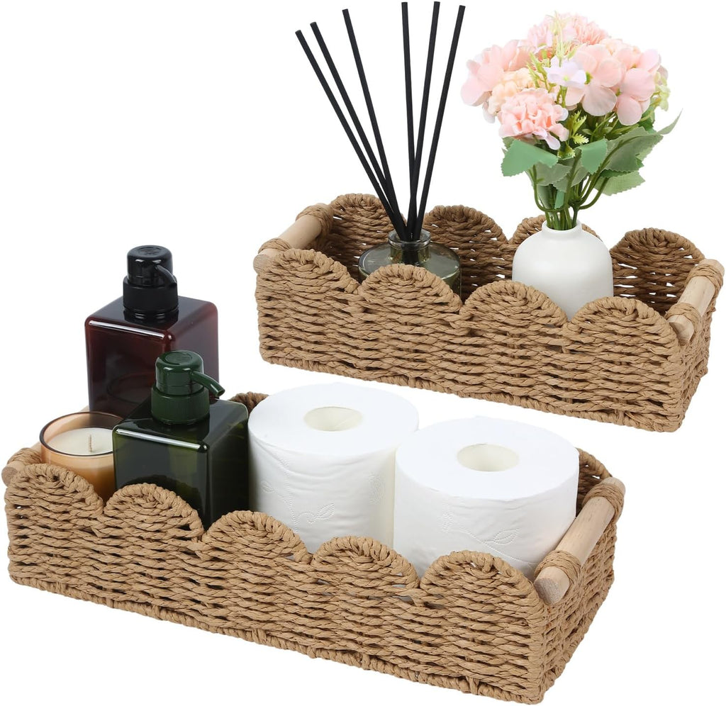 Regine Switzerland Paper Rope Storage Baskets - Set of 2 with Wooden Handles for Stylish Bathroom Decor (Beige)