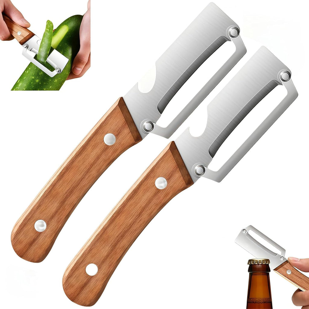 Skiennix Multifunctional Vegetable Peeler Set - 2 Wooden Handle Peelers with Bottle Opener for Fruits & Veggies