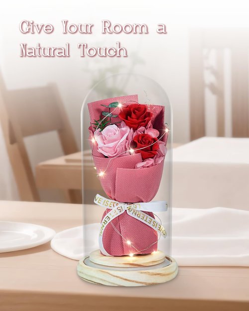HVY Preserved Flowers Bouquet with Red and Pink Roses in Glass Dome, Perfect for Valentines Day, Anniversary, Birthday, Mothers Day or Christmas