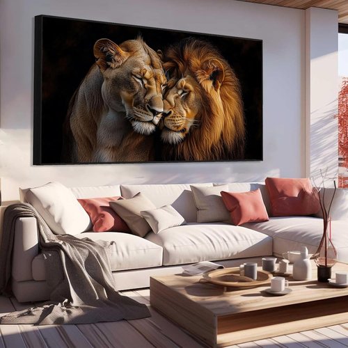 Lions Canvas Wall Art - Romantic Loving Lions Couple | African Wildlife Gold Framed (48"x27")