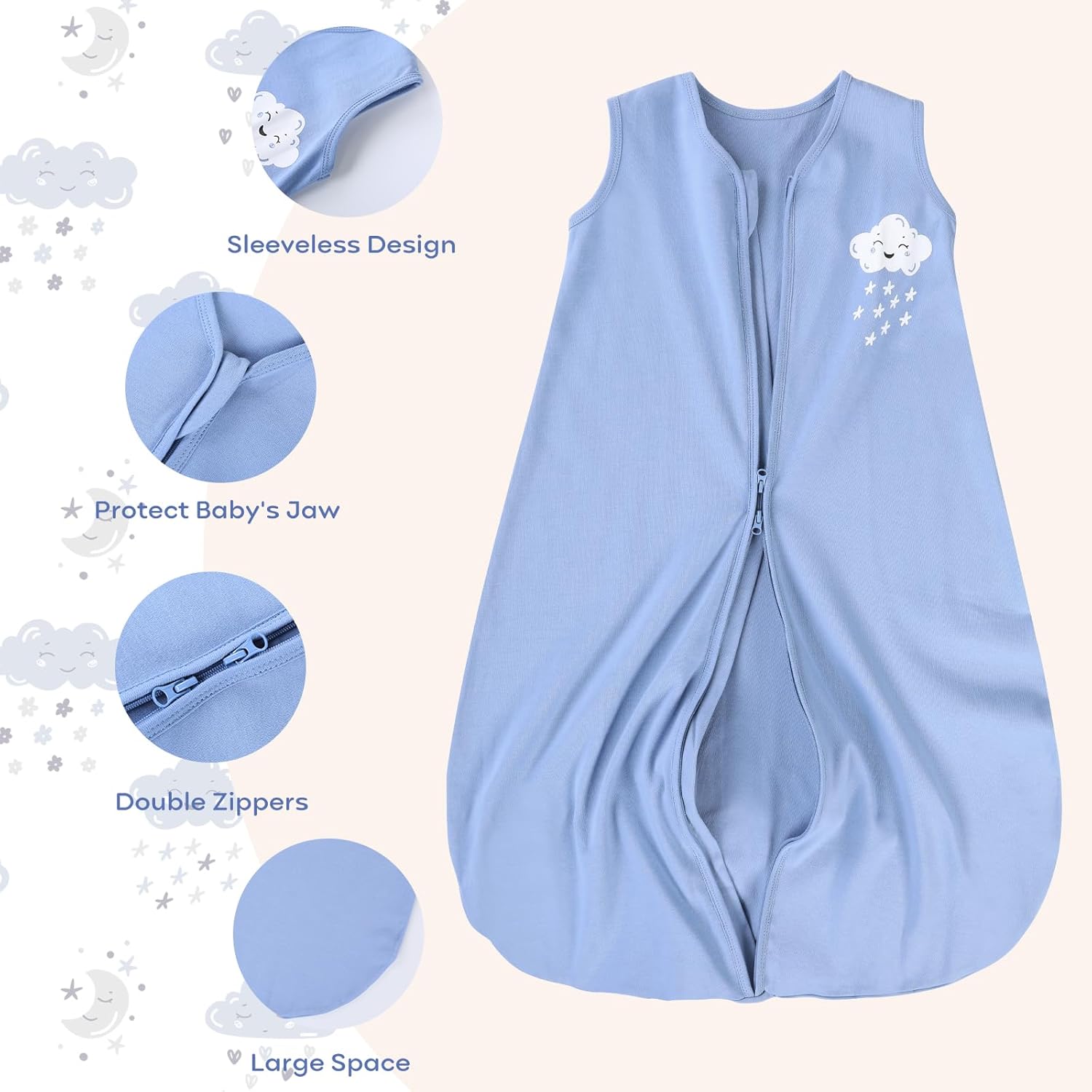 Yoofoss Baby Sleep Sack - 100% Organic Cotton Wearable Blanket for 0-6 Months | 2-Way Zipper, Lightweight