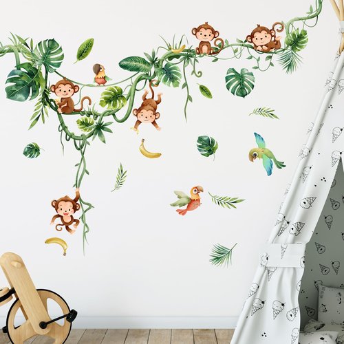 Supzone Monkey Climbing Tree Wall Decals Jungle Animals Birds Stickers Vine Green Leaves Art Decor for Baby Nursery Kids Room Living Room