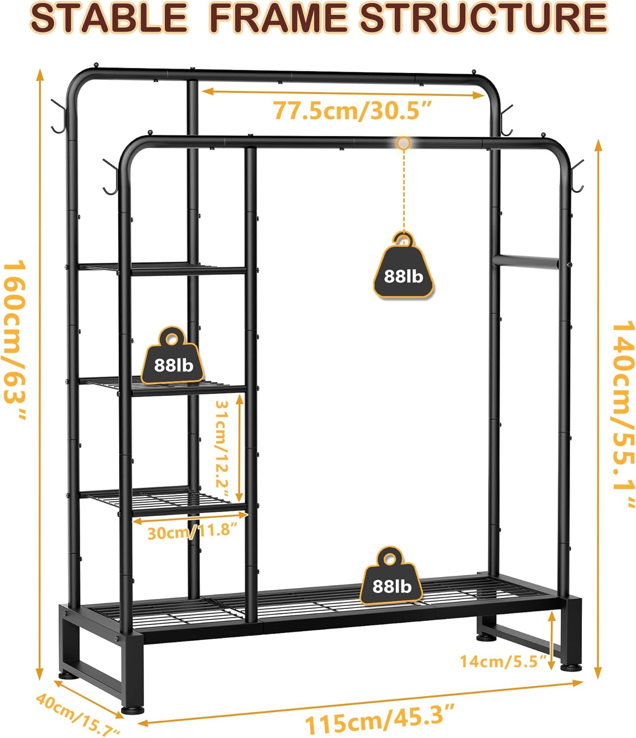 Skiennix Double Rods Clothes Rack - Multifunctional Heavy-Duty Organizer with 4-Tier Shelves | Black