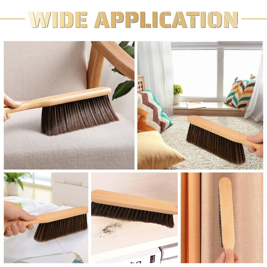 2 Pieces Woooden Dust Brush Hand Broom Bench Brush with Long Wood Handle Whisk Broom Soft Bristle Brush for Counter Bed Sofa Car Fireplace Clothes Household Cleaning