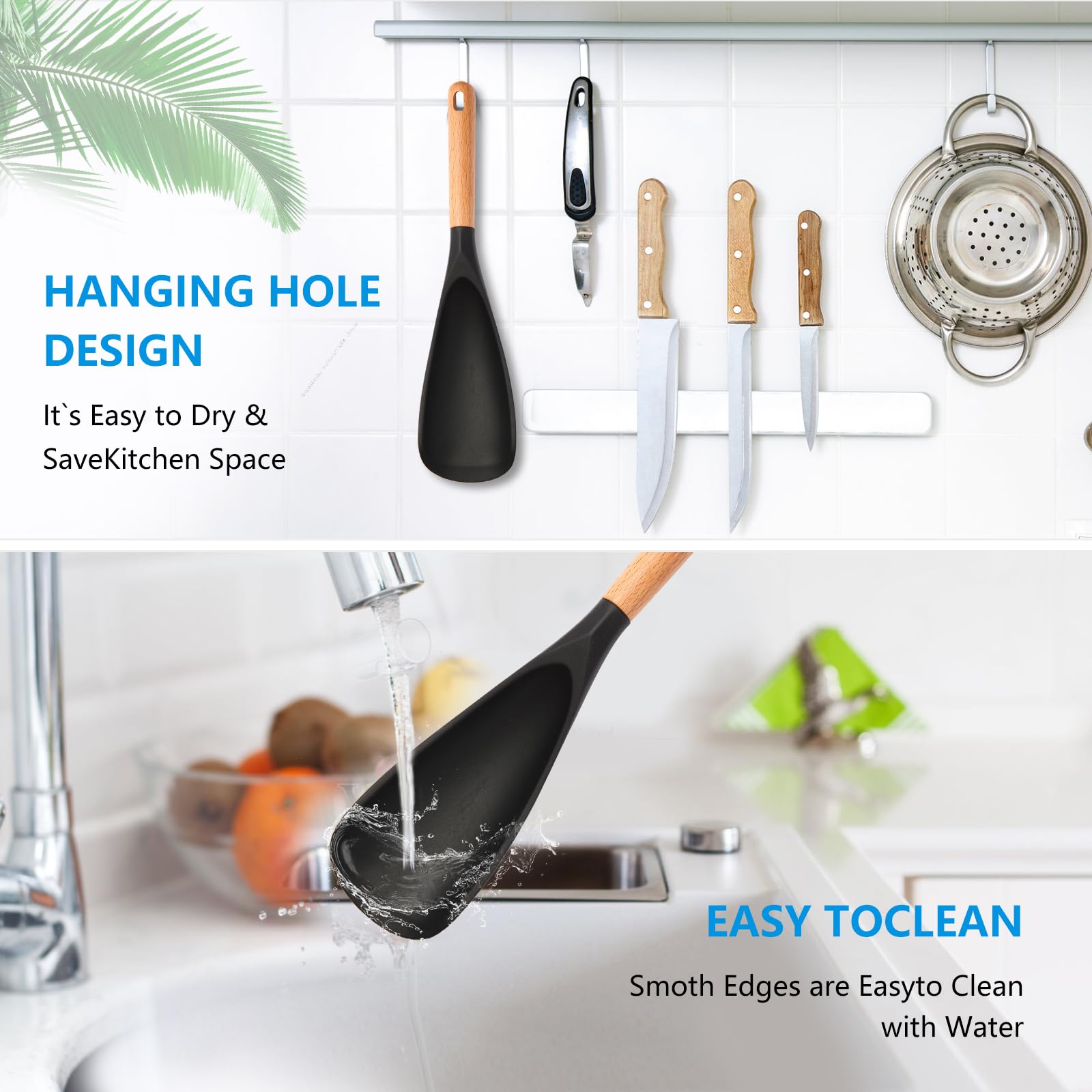【2 Pack】Silicone Cooking Spoon for Nonstick Cookware - Wooden Handle Kitchen Spoon for Mixing, Flipping, Scraping & Serving - Heat-Resistant Spatula for Baking, Stirring (11.4'' Black 2-Pcs)
