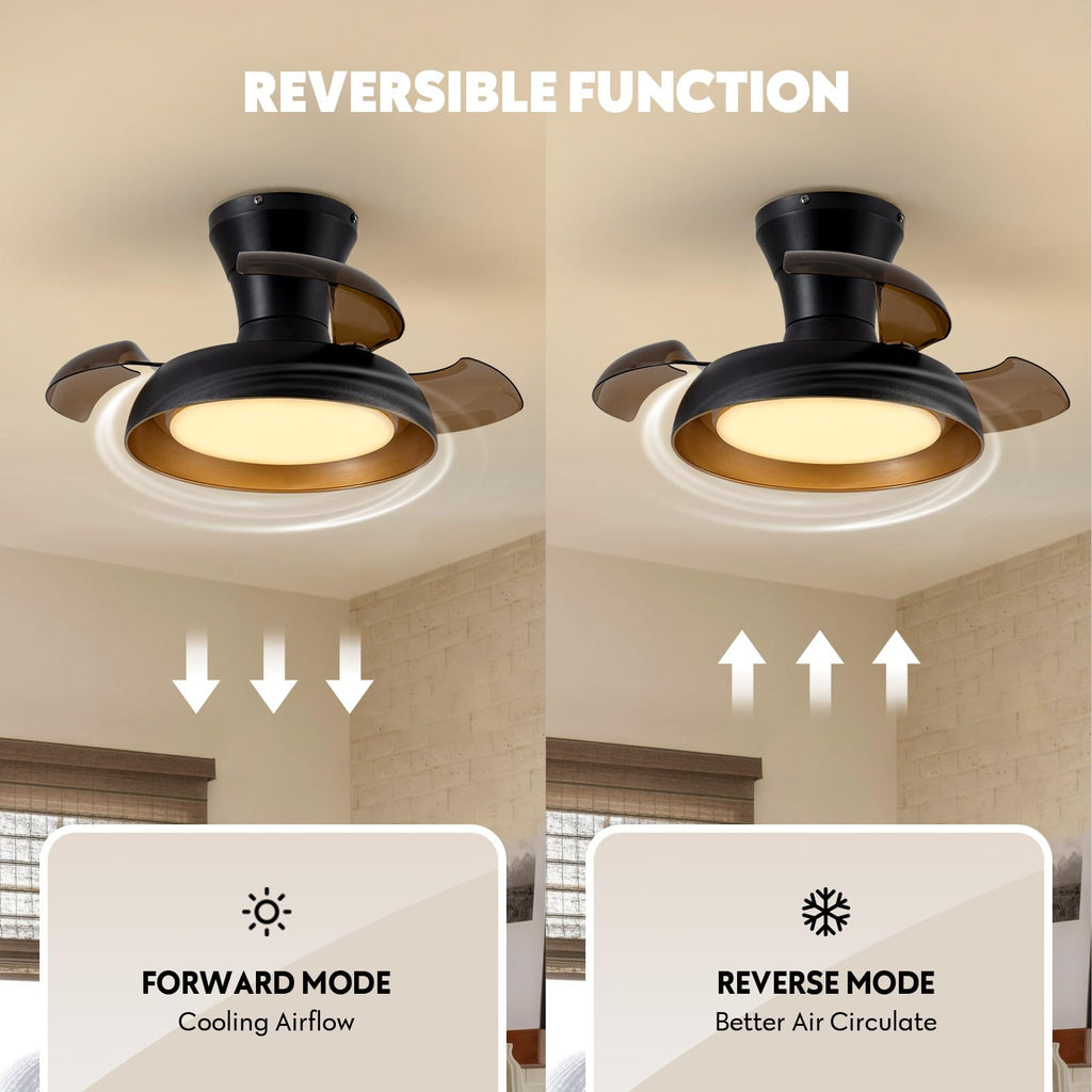 APBEAMLighting 23 Inch Black and Gold Ceiling Fan with Light and Brown Retractable Blades Small Led Light Fixture Ceiling Modern Fandelier Fan Lights Cei ling Fixtures for Bedroom Dining Room Kitchen