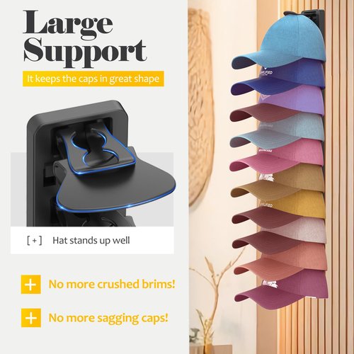 HeQe Hat Organizer for Baseball Caps 1 Pack, Adhesive Hat Rack for Wall, Baseball Cap Organizer (Black)