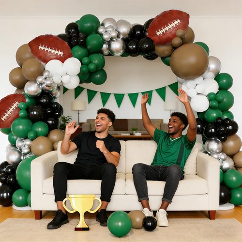 CboDeco Football Balloon Arch Kit, 141PCS Green Brown Black Balloons with Football Foil Balloons for Football Birthday Party Decorations, Touch Down Rugby Super Bowl Party Supplies