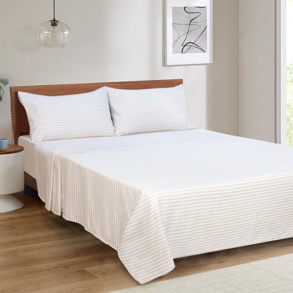 Mejoroom Striped Queen Size Sheet Set - Hotel Luxury 1800 Bedding Sheets & Pillowcases - Deep Pocket Fitted Sheet, Soft, Breathable, Wrinkle & Fade Resistant - 4 Piece (Beige Stripe)