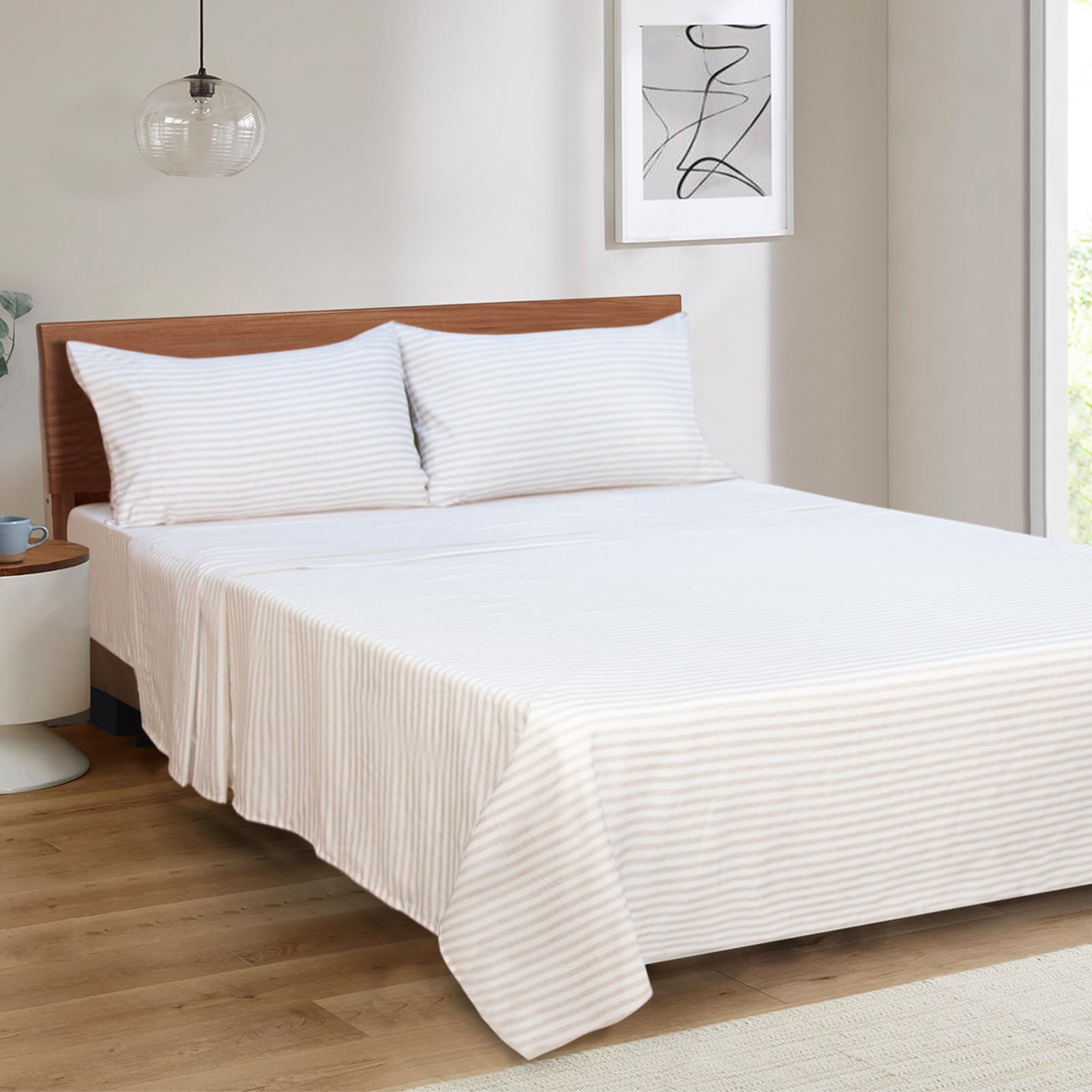 Mejoroom Striped Queen Size Sheet Set - Hotel Luxury 1800 Bedding Sheets & Pillowcases - Deep Pocket Fitted Sheet, Soft, Breathable, Wrinkle & Fade Resistant - 4 Piece (Beige Stripe)