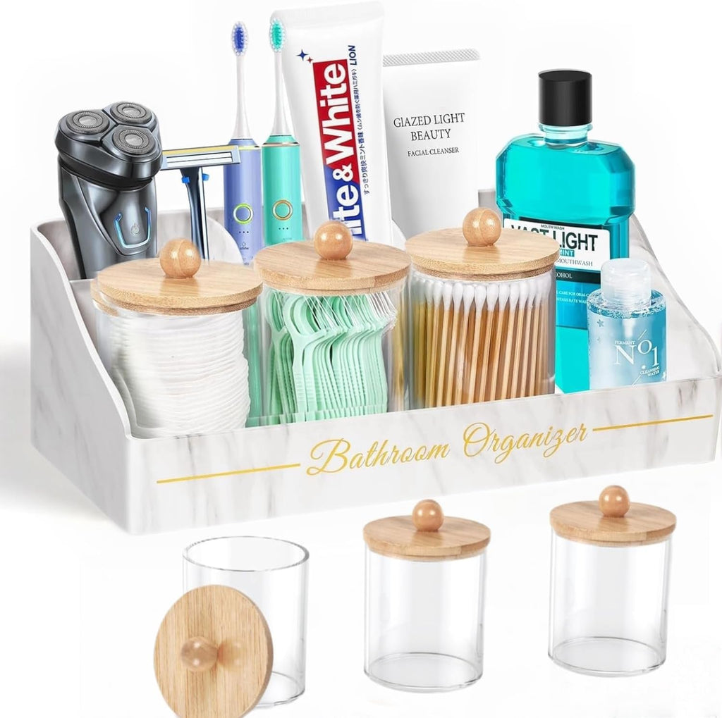 Tucao Toothbrush Holder - Sturdy Bathroom Organizer with 6 Large Slots & 3 Qtip Holders | Marble White