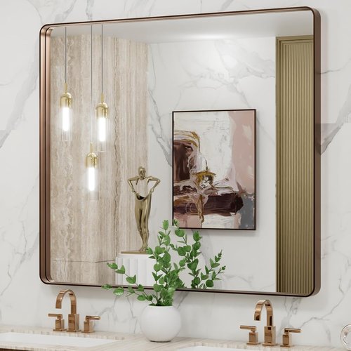 LOAAO Bronze Bathroom Mirror - 40”X36” Rounded Rectangle with Anti-Rust Brushed Metal Frame | Versatile Hanging Options