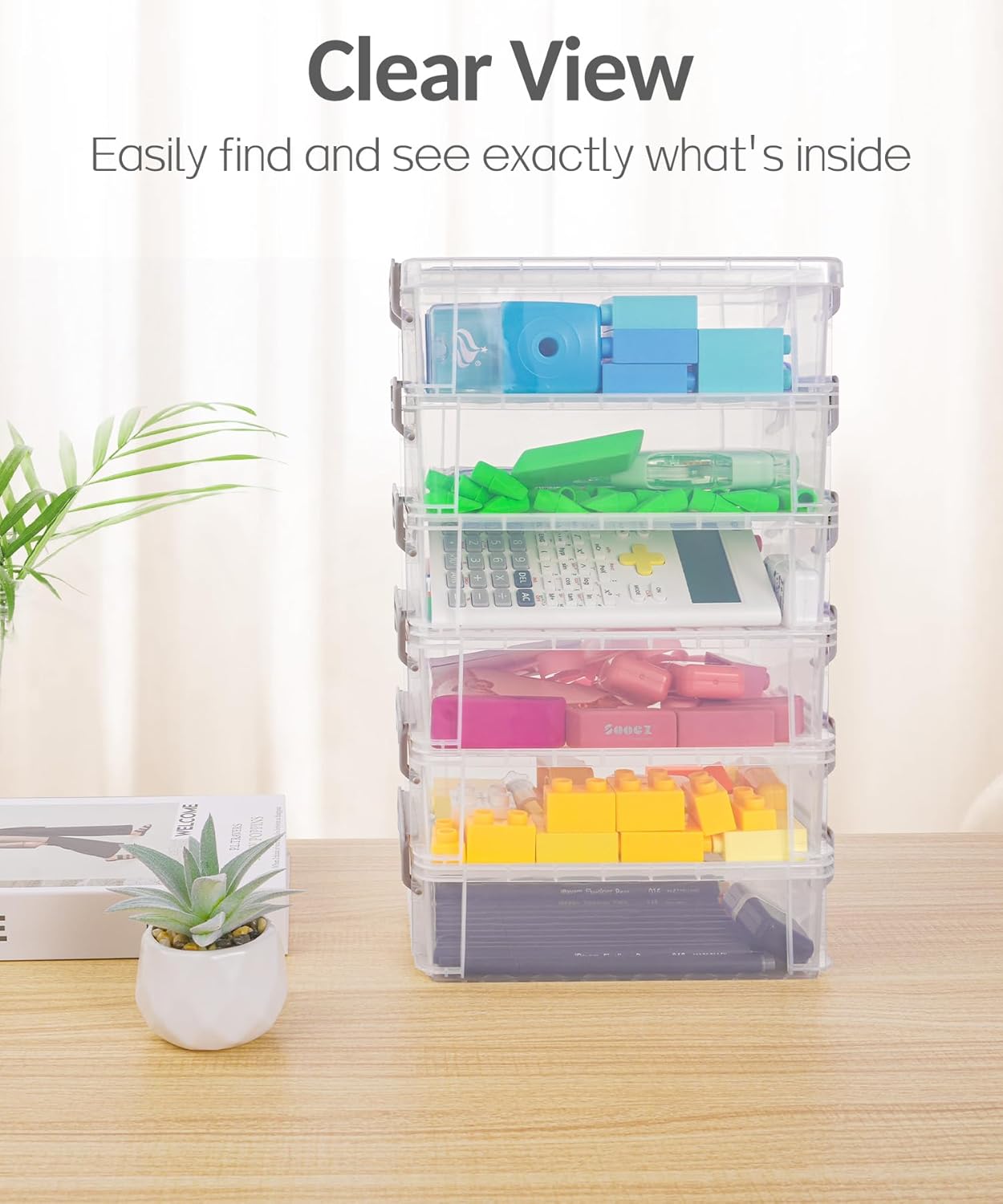 Sooez Extra Large Pencil Box Set - Clear Plastic Crayon Organizer with Lid | 6 Pack for Art & School Supplies