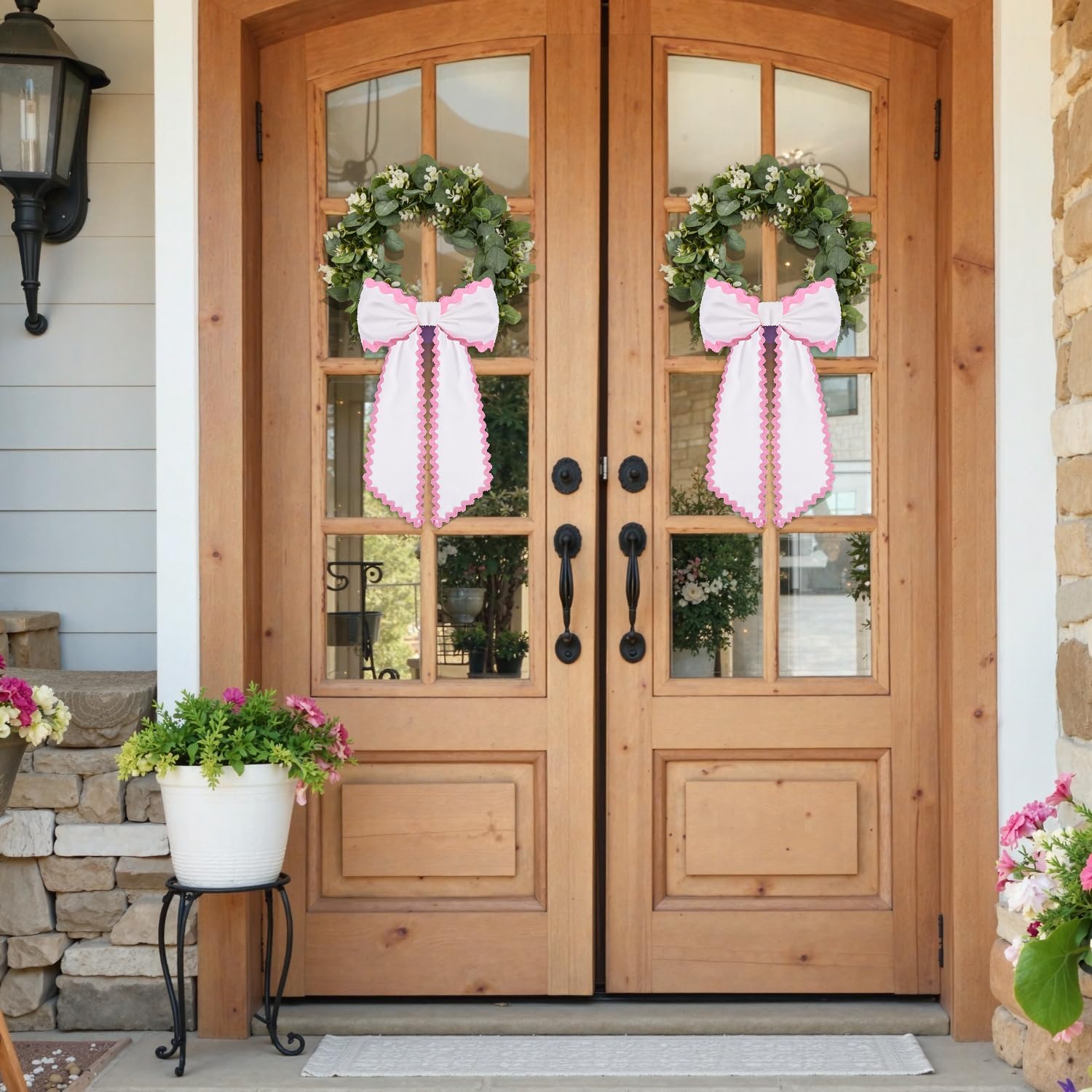 Skiennix Scalloped Wreath Sash - Elegant Ruffle Ribbon Bow for Front Door Decor | White & Pink Set of 2