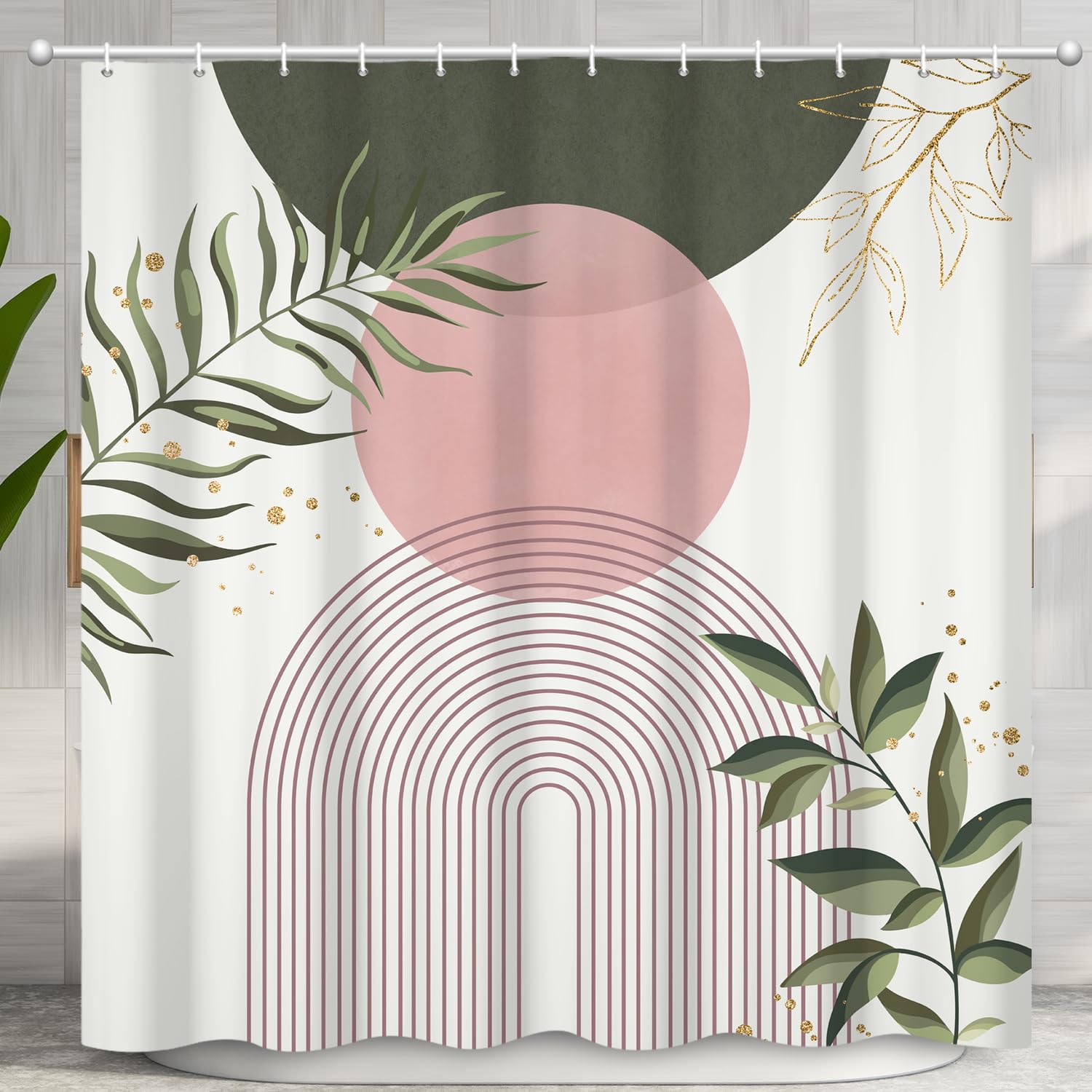 CRTPOD Boho Mid Century Shower Curtain, Pink Modern Minimalist Abstract Geometric Sage Green Gold Plant Leaves Bathroom Curtains Washable Waterproof Fabric Buthtub Curtain Set with Hooks 72" Wx72 L