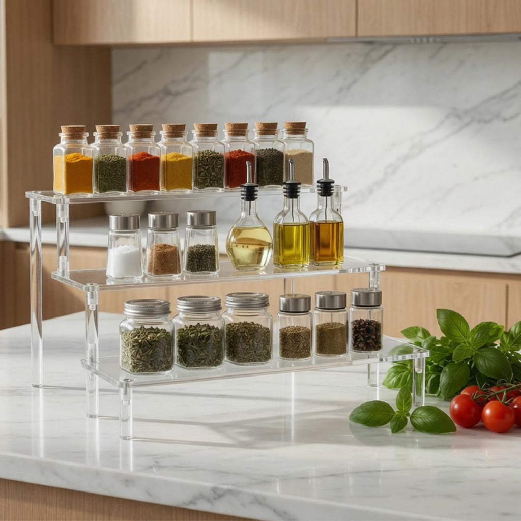 WEERSHUN 3 Tier Acrylic Display Stand Risers, Clear Tabletop Display Shelf for Perfume, Figures & Collectibles, Thick Acrylic Organizer for Cupcake, Cosmetics & Home Decoration