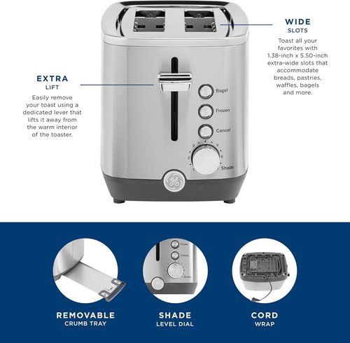 GE 2-Slice Stainless Steel Toaster - Extra Wide Slots for Bagels & Breads | 7 Shade Settings, Removable Crumb Tray