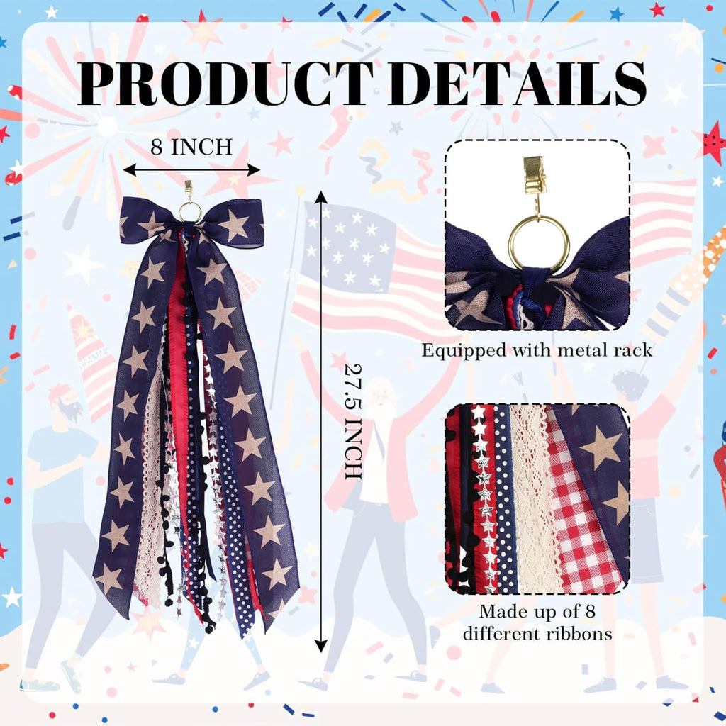 Patriotic Front Door Wreath by [Brand Name] - 8-Ribbon Americana Star Bow with Metal Clip | Red, White, and Blue Decor for Independence Day