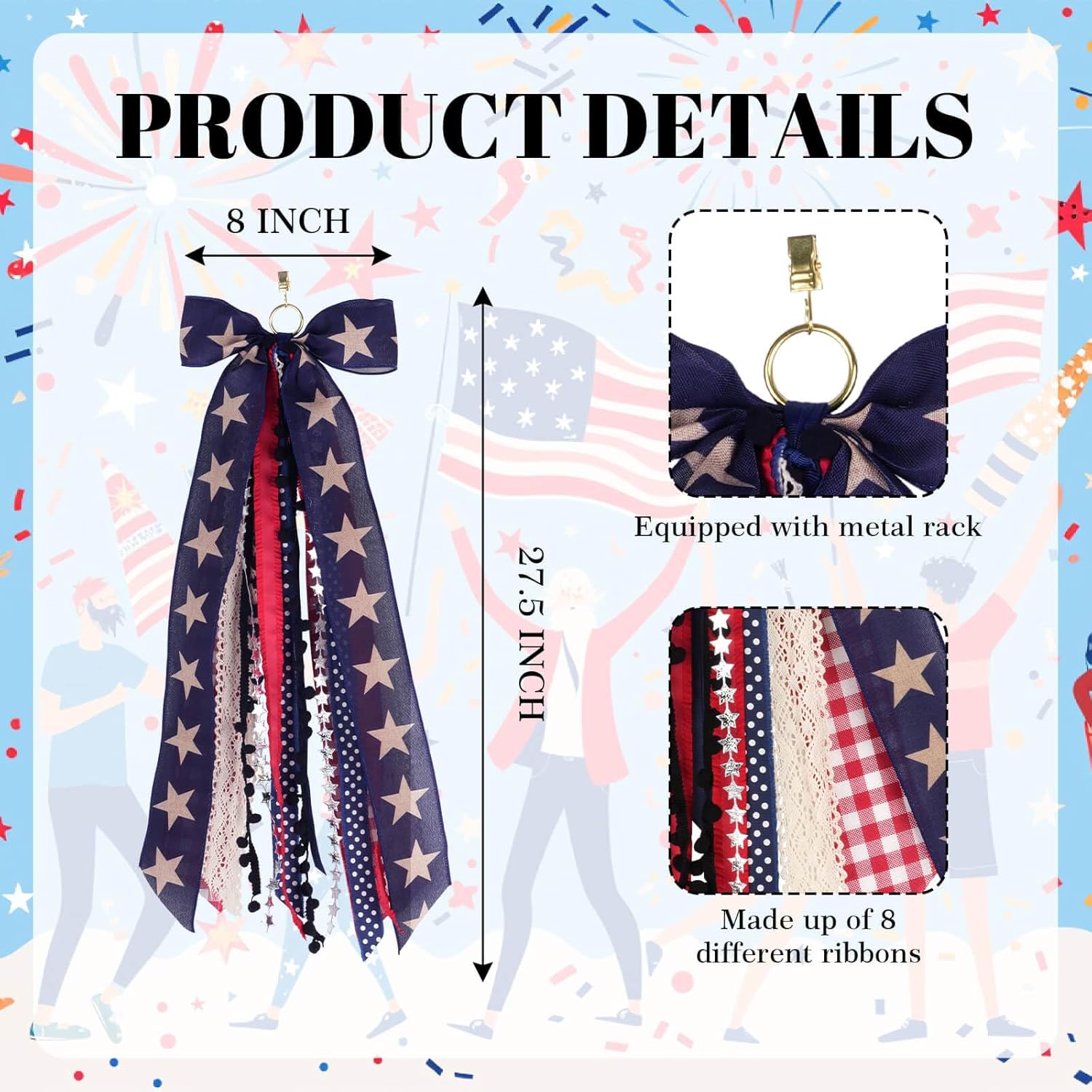 Patriotic Front Door Wreath by [Brand Name] - 8-Ribbon Americana Star Bow with Metal Clip | Red, White, and Blue Decor for Independence Day