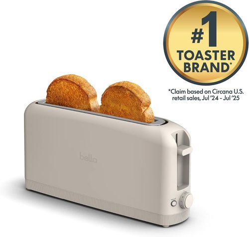 Bella 2 Slice Slim Toaster - 6 Shade Settings, Reheat & Cancel Buttons, 10” Long Slot, Oatmilk Color