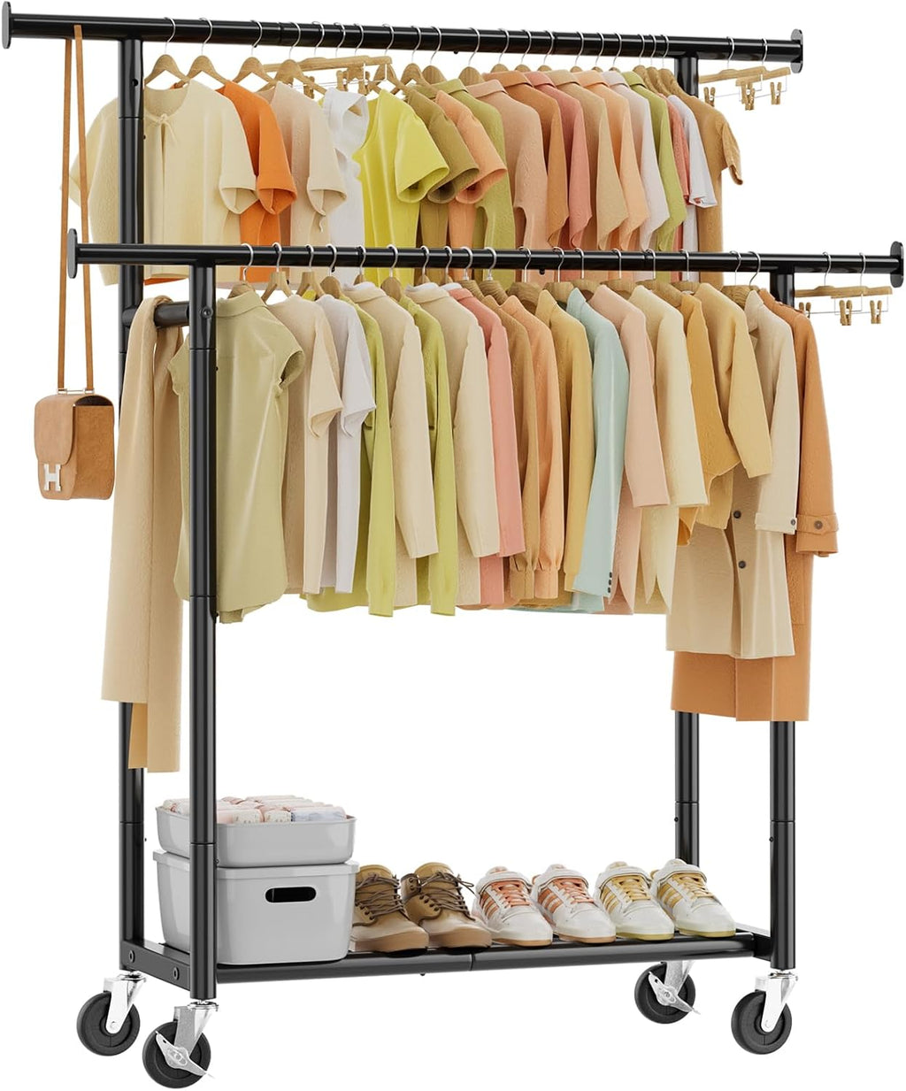 Simple Trending Clothes Rack - Double Rod Metal Garment Rack with Rolling Wheels | Portable Wardrobe for Bedroom & Laundry - Black