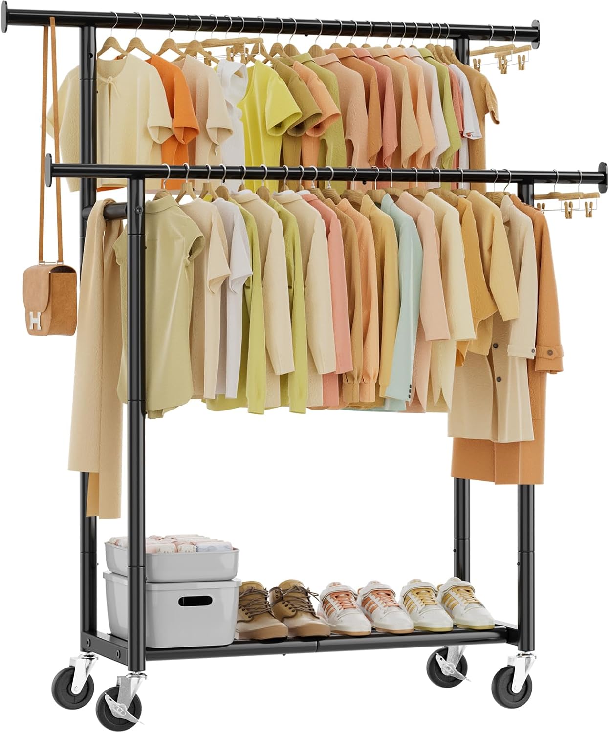 Simple Trending Clothes Rack - Double Rod Metal Garment Rack with Rolling Wheels | Portable Wardrobe for Bedroom & Laundry - Black