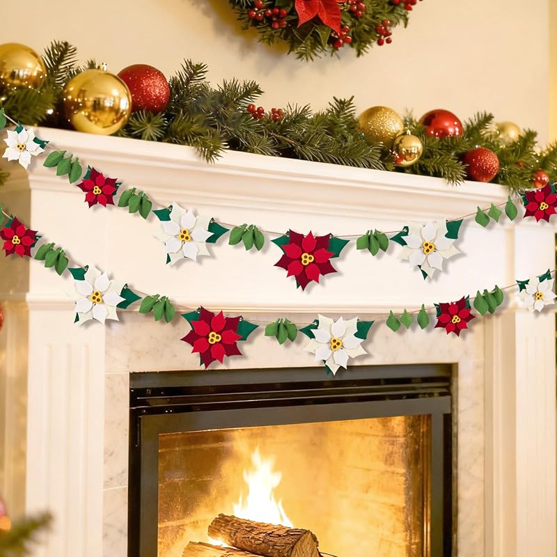 11.5 ft Poinsettia Felt Garland – Red Poinsettia Christmas Garlands for Mantel & Staircase