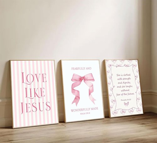 Christian Wall Art by 3Pcs - Inspirational Pink Canvas Prints | Eclectic Aesthetic Decor for Teen Girls 12x16in