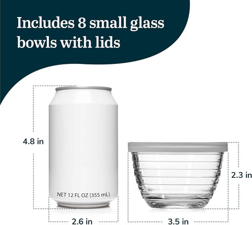 Libbey Small Glass Bowls - Set of 8 Dishwasher Safe Containers with Lids for Fresh Leftovers | Meal Prep & Dips