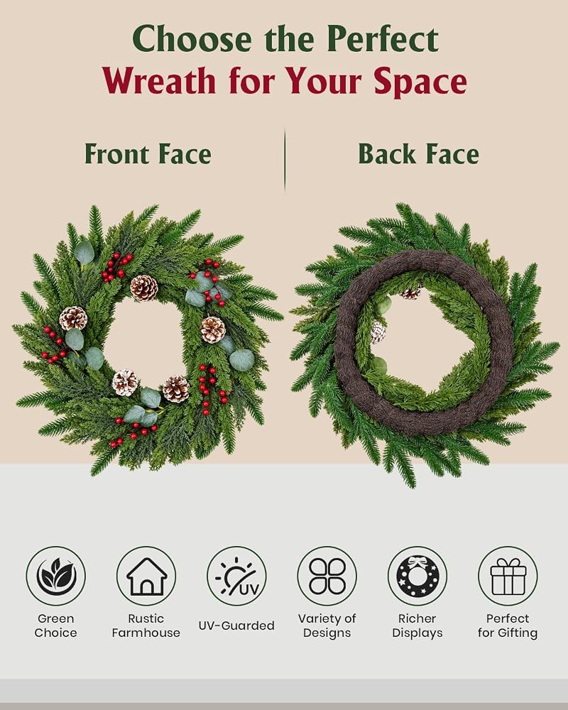 24-Inch Real Touch Pine Wreath with Red Berries & Cones — Indoor/Outdoor Holiday Decor